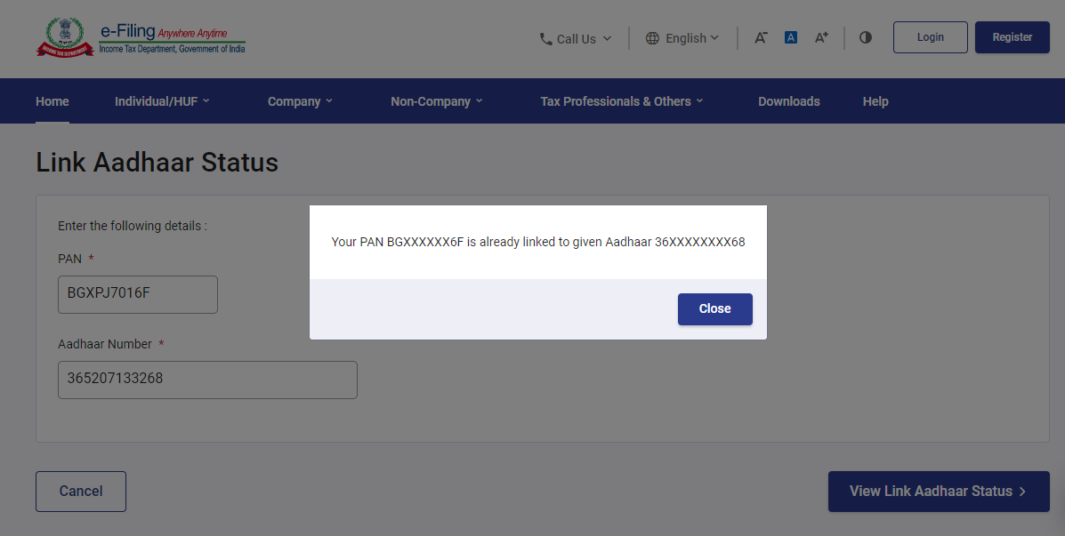 Pan Aadhaar Link Status
